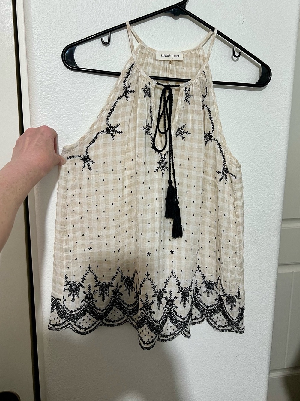 Sugarlips Cream Halter Tank with Black Embroidery and Tassels